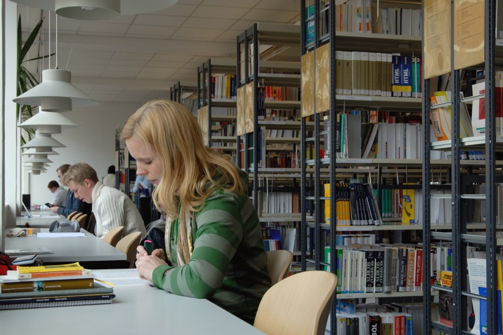 Studierende sitzen in einer Bibliothek in Reihe an ihren Arbeitsplätzen.