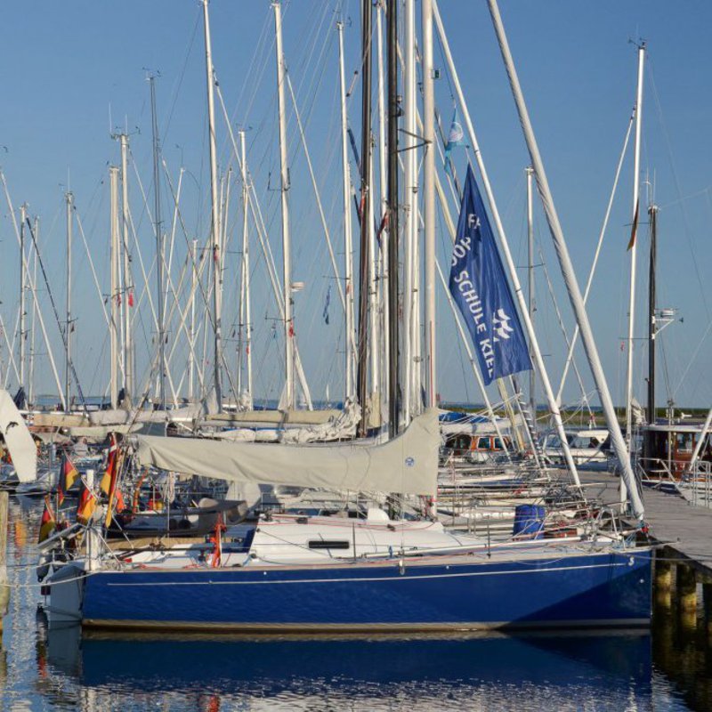 Mehrere Segelboote liegen an einem Steg, in einem Yachthafen.