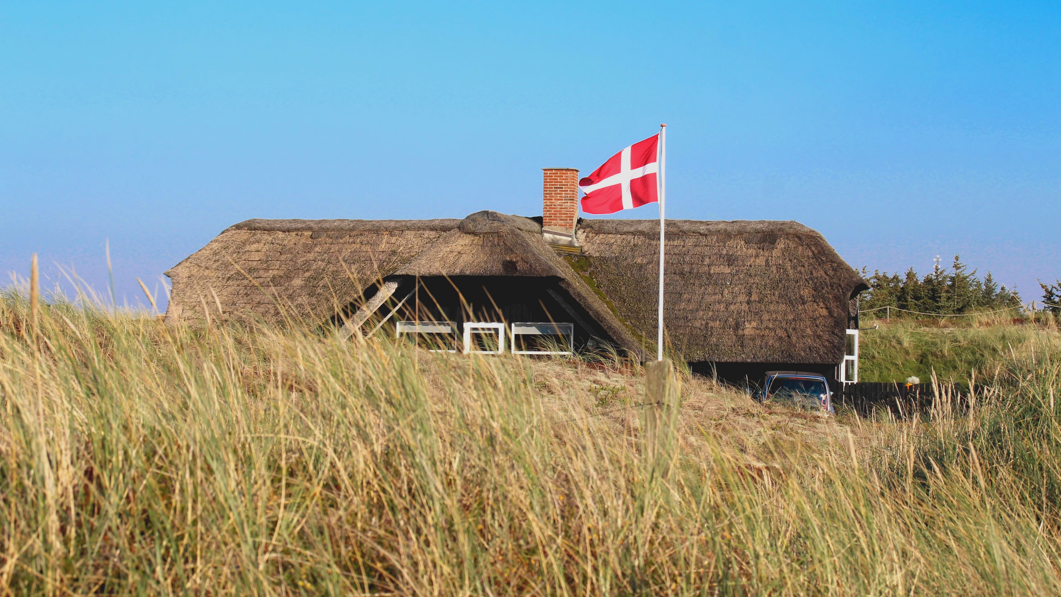 ein Reetdachhaus hinter Dünen, davor weht die Nationalflagge Dänemarks