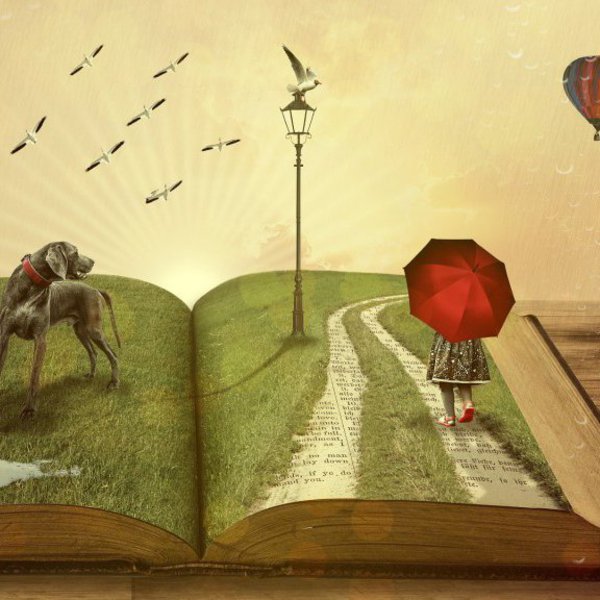 Die Grafik zeigt ein aufgeschlagenes Buch, auf dem Gras wächst, ein Hund steht und eine FRau mit rotem Regenschirm spazieren geht.