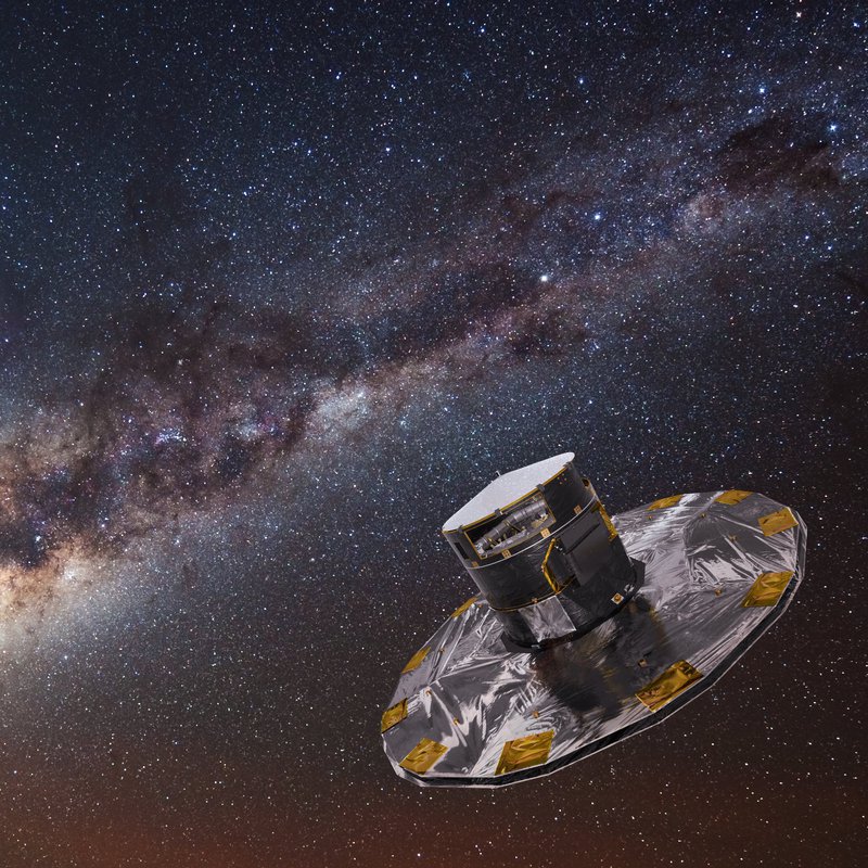Das Weltraumteleskop Gaia im Vordergrund und die Milchstraße im Hintergrund