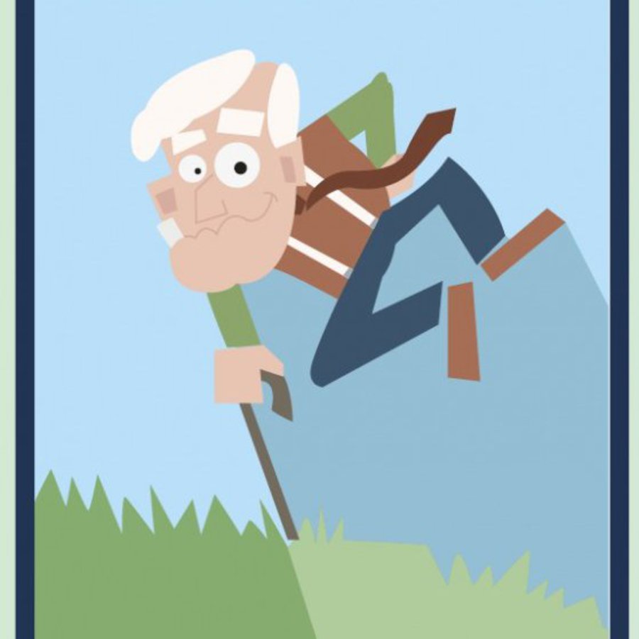Die Grafik illustriert einen alten Mann, der sich, mit den Beinen in der Luft, auf einen Krückstock stützt.