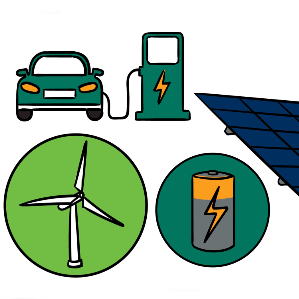 Grafik mit tankendem Auto, Windkraftanlage, Photovoltaikanlage und Batterie