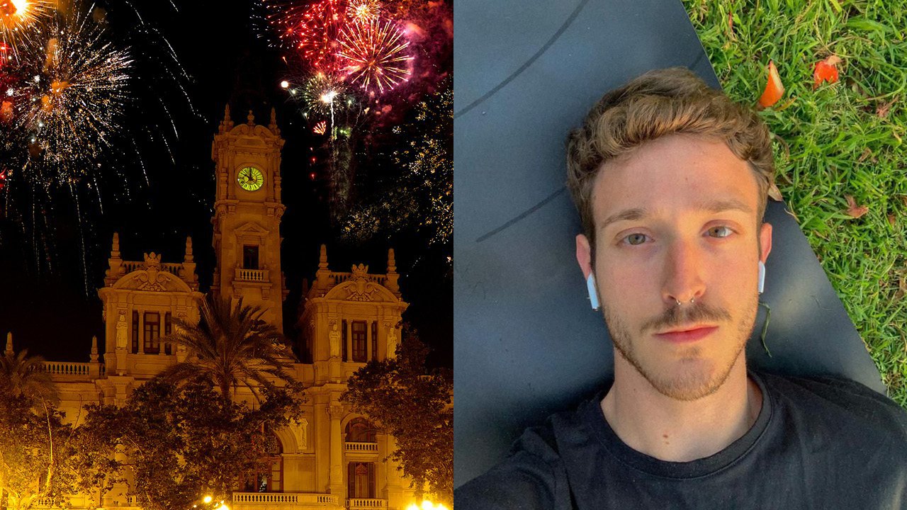 Geteiltes Bild: Links Feuerwerk in einer Stadt, rechts das Selfie eines jungen Mannes