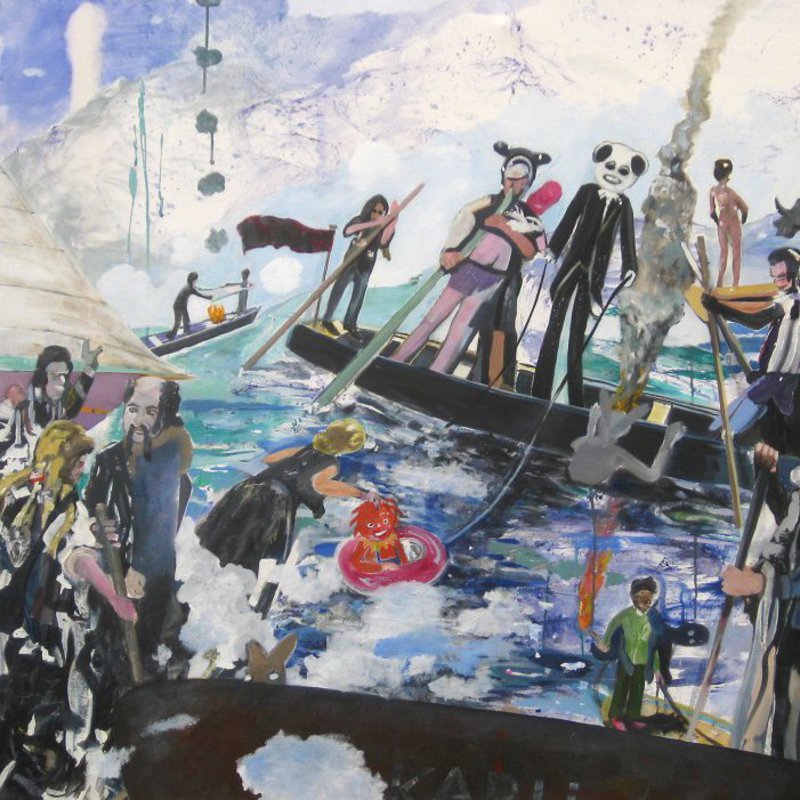 Ein Ausschnitt eines Gemäldes, auf dem mehrere kleine Boote und Menschen zu sehen sind.