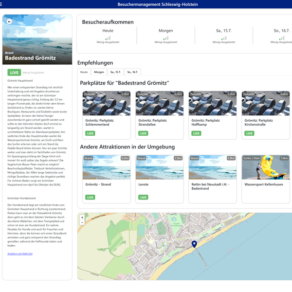 Es ist ein Screenshot zu sehen, mit Informationen über den Badeort Grömitz und Angaben über die Azslastung von Parkplätzen. 