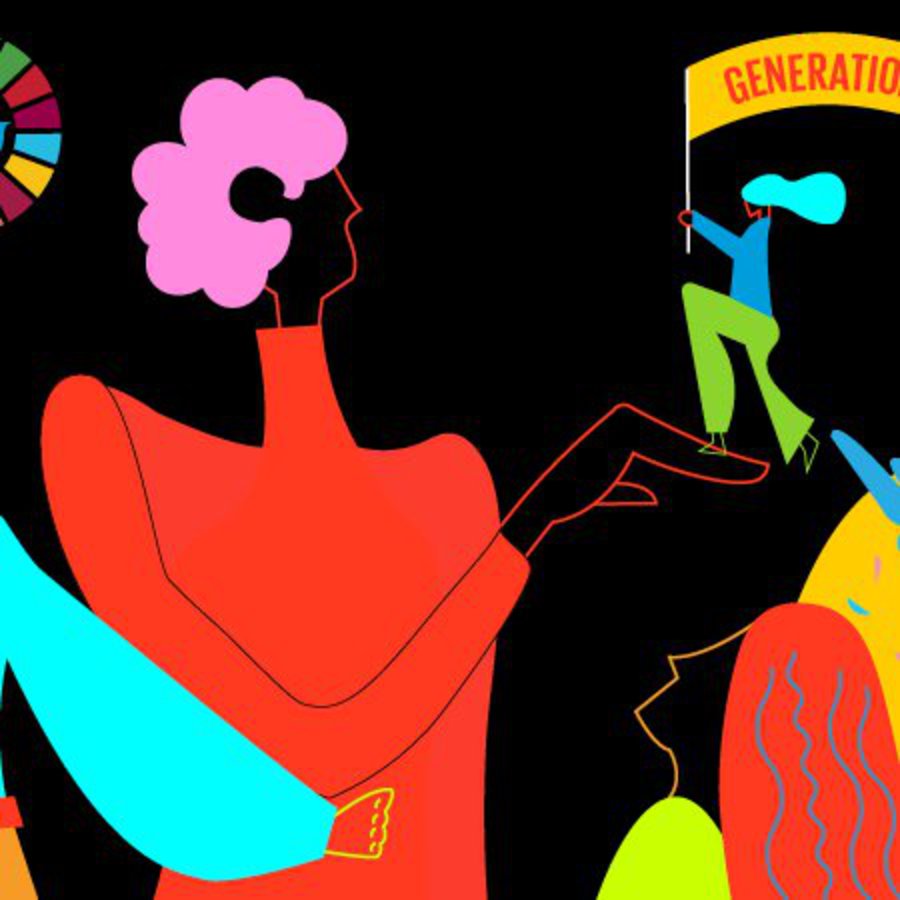 die Illustration der UN zum Internationalen Frauentag 2021 zeigt mehrere Frauen mit einem Banner