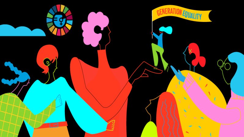 die Illustration der UN zum Internationalen Frauentag 2021 zeigt mehrere Frauen mit einem Banner