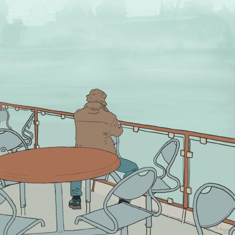 Die Illustration zeigt einen Mann, der in einem Cafe nahe einem Strand sitzt.