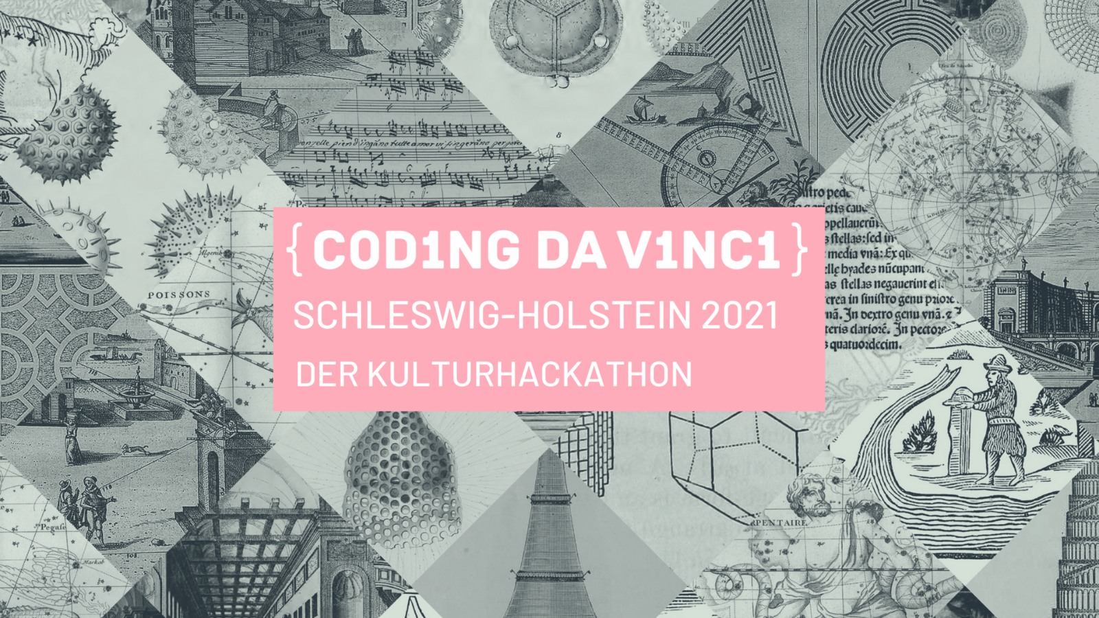 Das Logo von Coding da Vinci vor einer Collage von grauen Bildern.