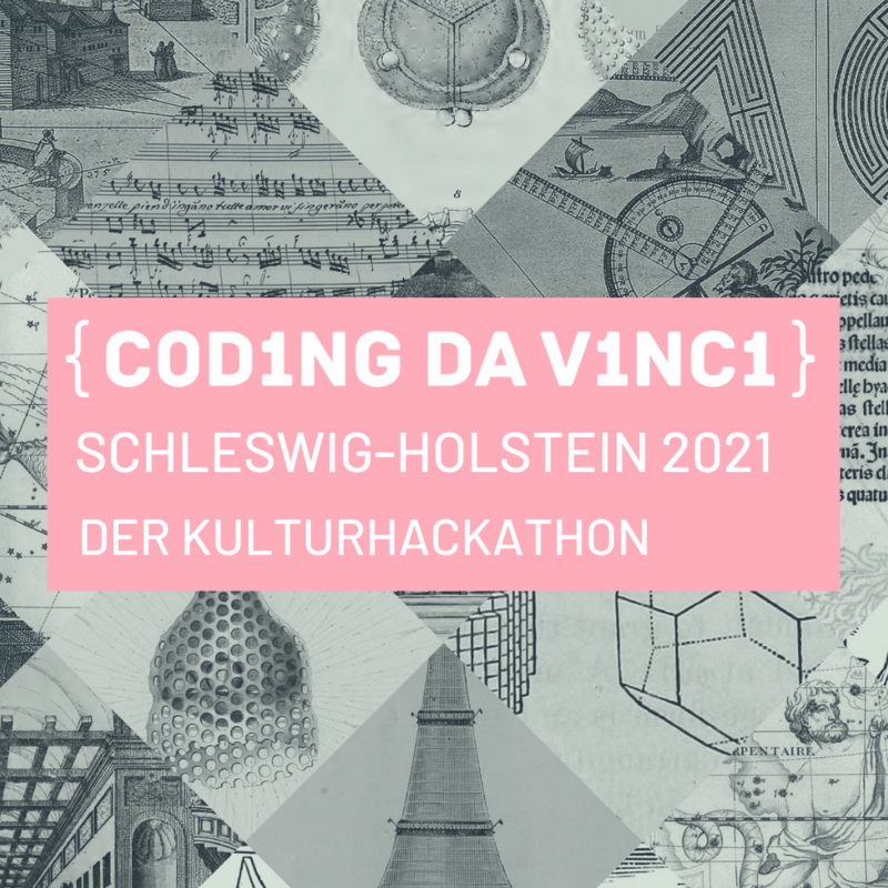 Das Logo von Coding da Vinci vor einer Collage aus grauen Bildern.