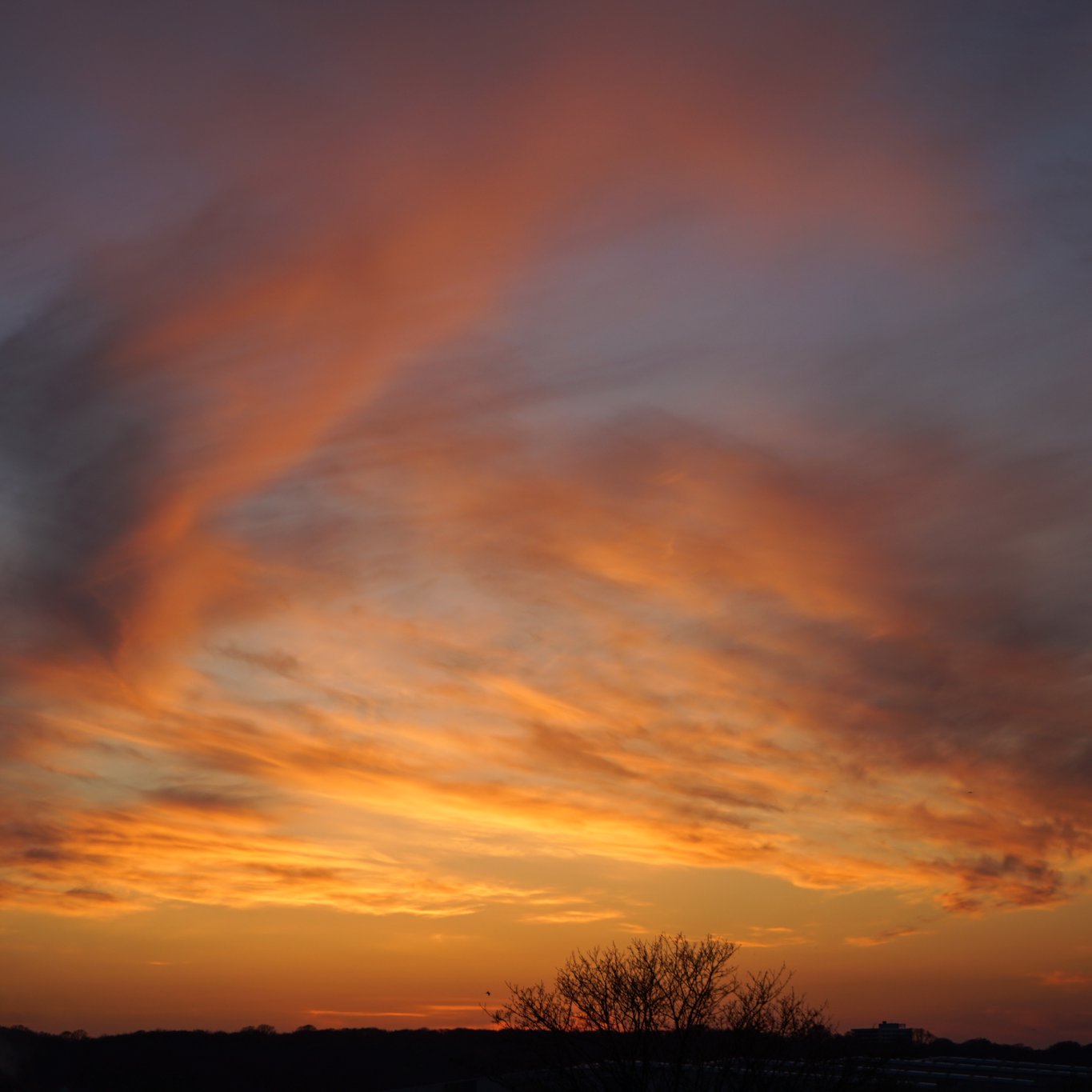 Dramatischer Sonnenuntergang, links im Bild ein Kran