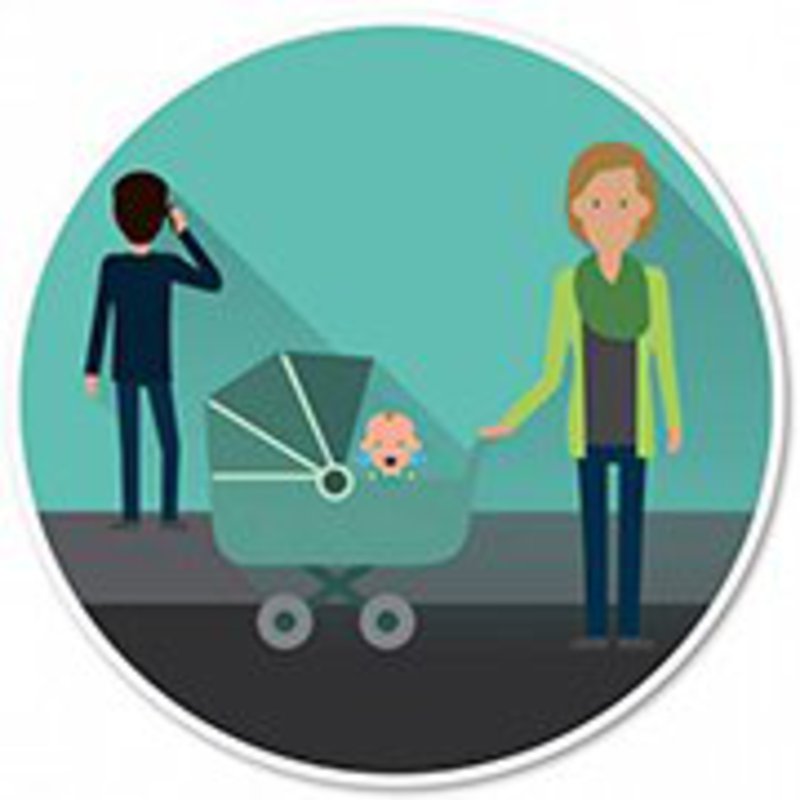 Die Grafik illustriert eine Frau mit Kinderwagen und einen Mann mit Mobiltelefon.