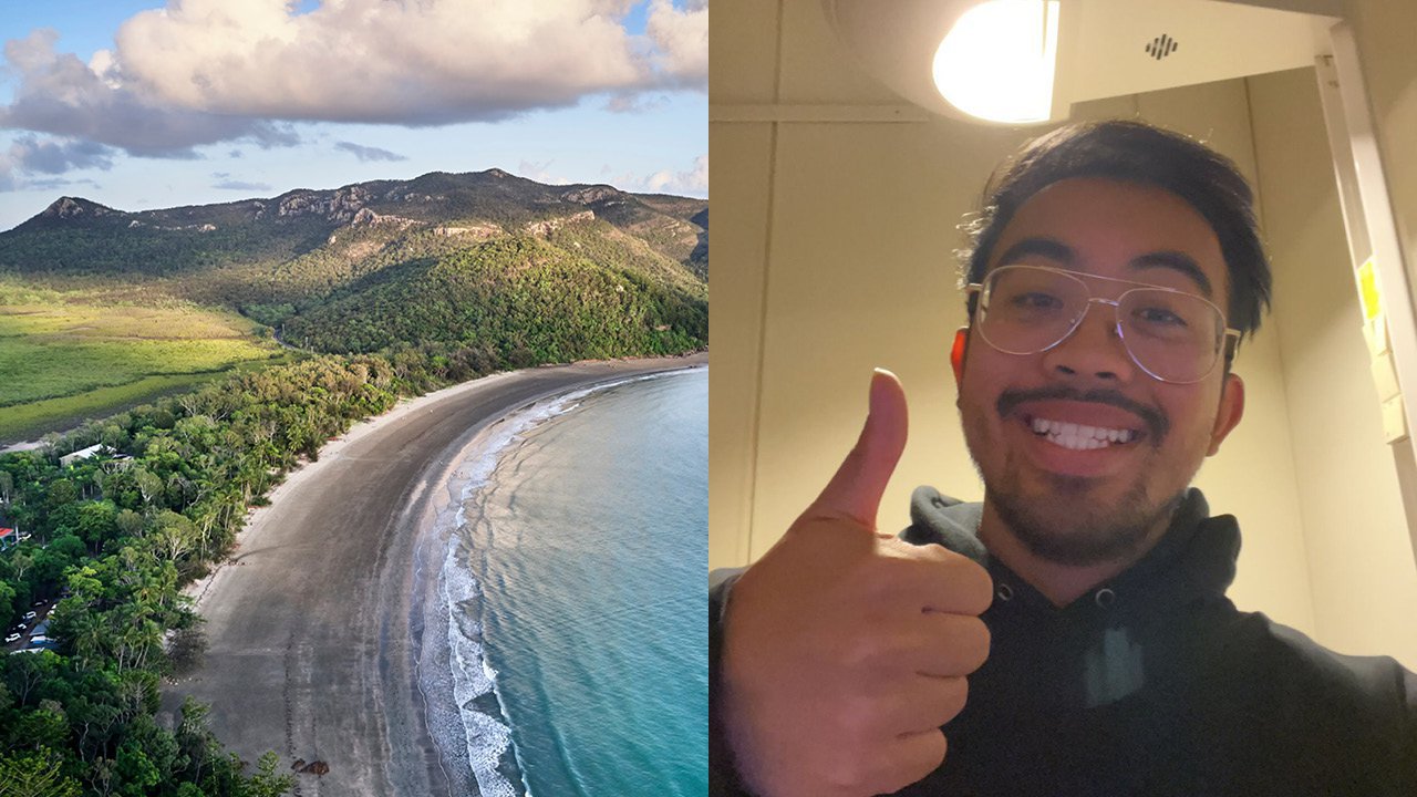 Geteiltes Bild: Links ein Strand, rechts das Selfie eines jungen Mannes