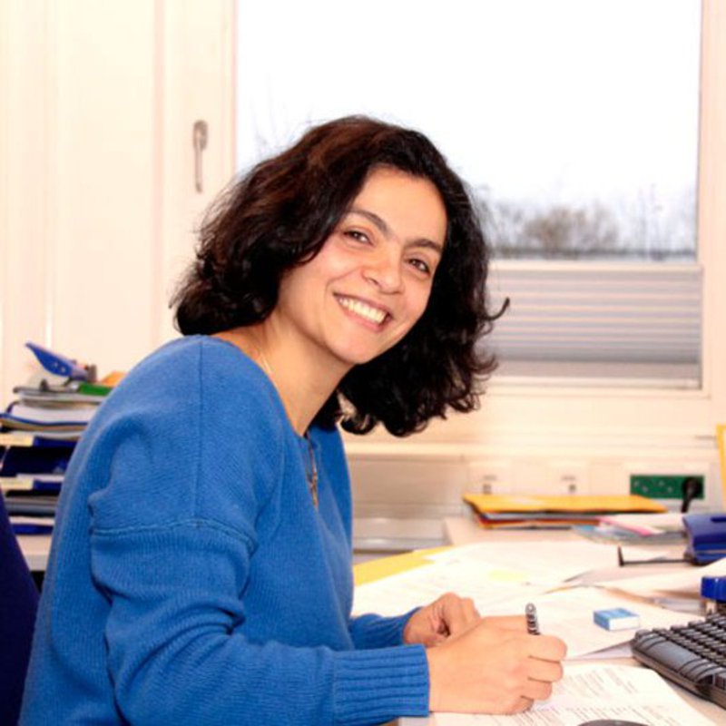 Eine Frau sitzt in ihrem Büro und lächelt freundlich in die Kamera. Der Pullover, den sie trägt ist kräftig Blau.