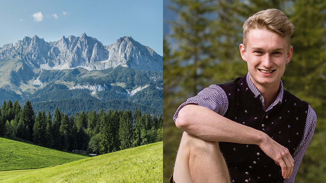 Geteiltes Bild: Links Berge, rechts das Portrait eines jungen Mannes