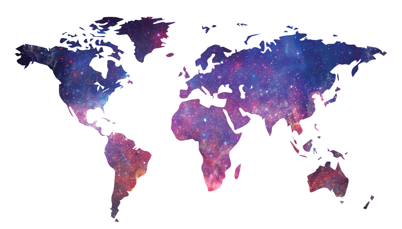 Die Weltkarte auf der die Kontinente aussehen wie Galaxien.