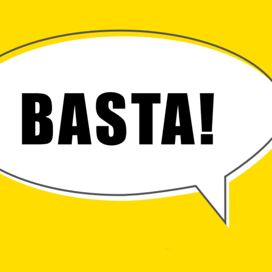 Die Grafik zeigt eine weisse Sprechblase, mit dem Schriftzug 'Basta' auf einem gelben Hintergrund