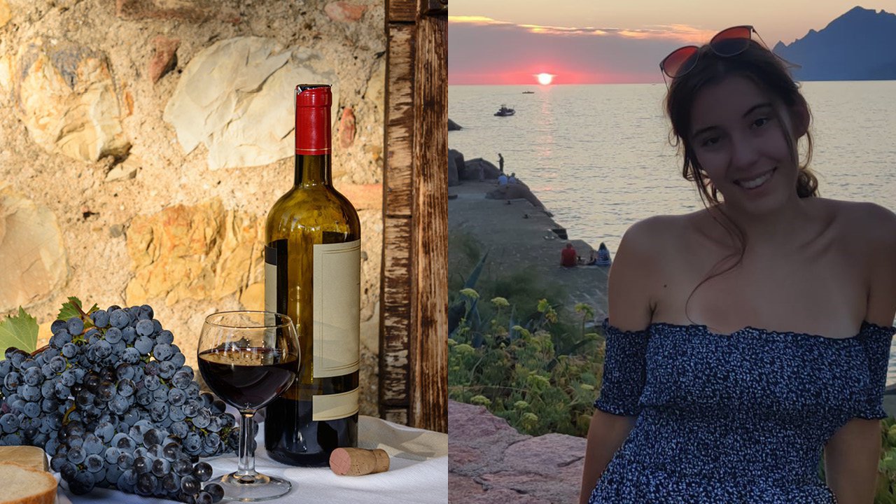 Geteiltes Bild: Links Wein und Weintrauben, rechts das Portrait einer jungen Frau