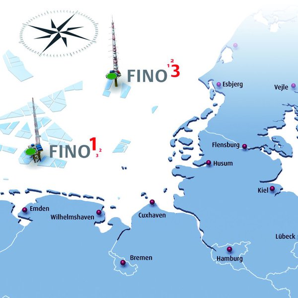 Karte mit den drei Forschungsplattformen FINO 1, 2 und 3. Grafik: FuE-Zentrum FH Kiel GmbH.