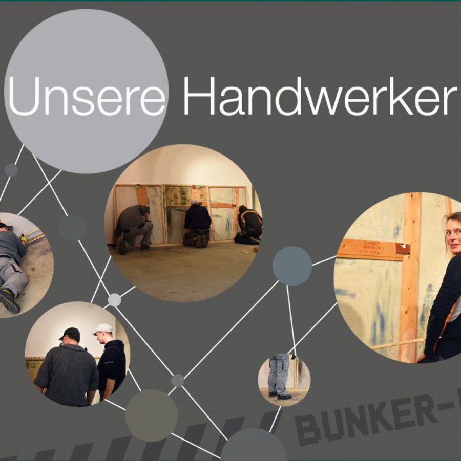 Die Grafik zeigt sieben Bildausschnitte, welche die Handwerker des Bunker-D, bei ihren Tätigkeiten präsentieren.