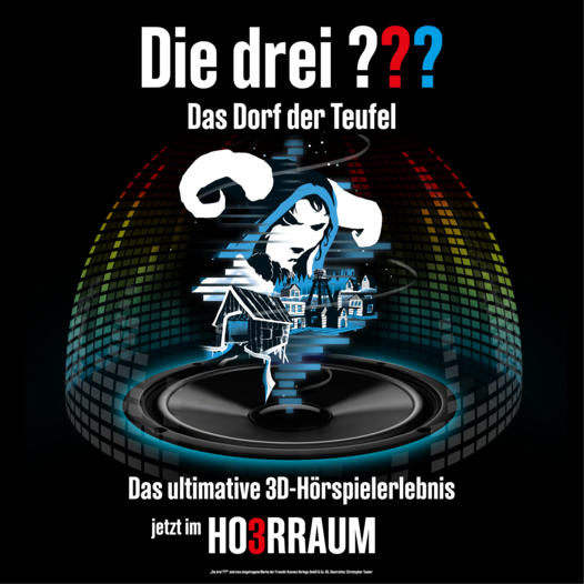 [Translate to English:] Logo die drei Fragezeichen und das Dorf der Teufel