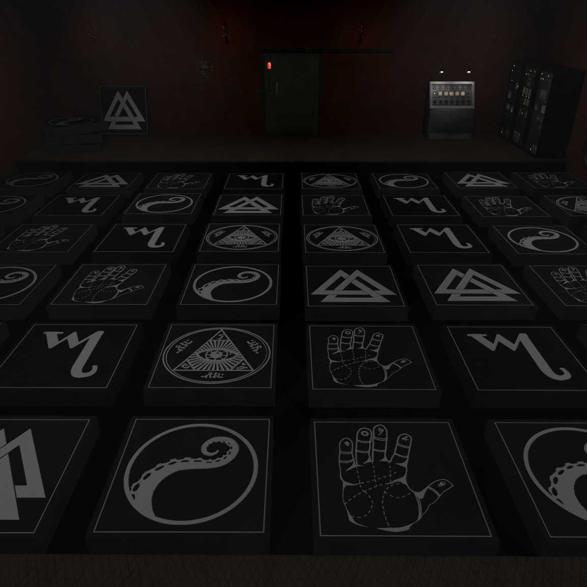 Die virtuelle Darstellung eines dunklen Raumes mit Bodenplatten, auf denen Symbole sind.