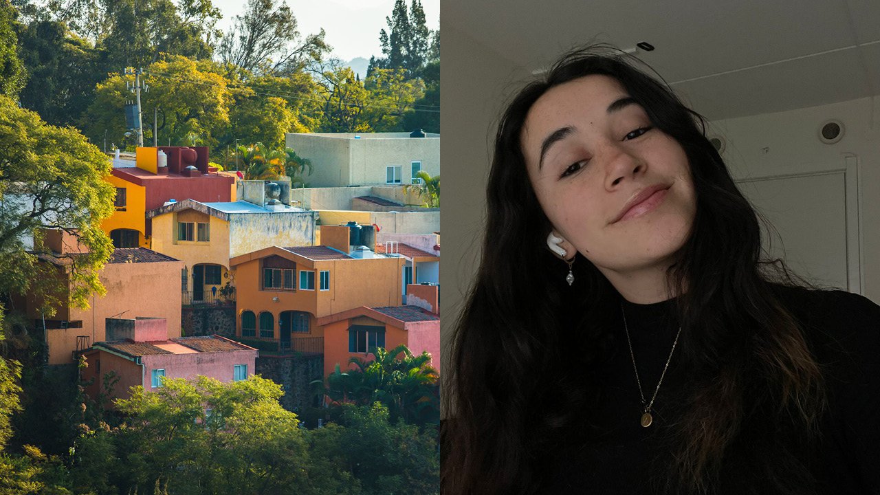 Geteiltes Bild: Links bunte Häuser am Hang, rechts das Selfie einer jungen Frau
