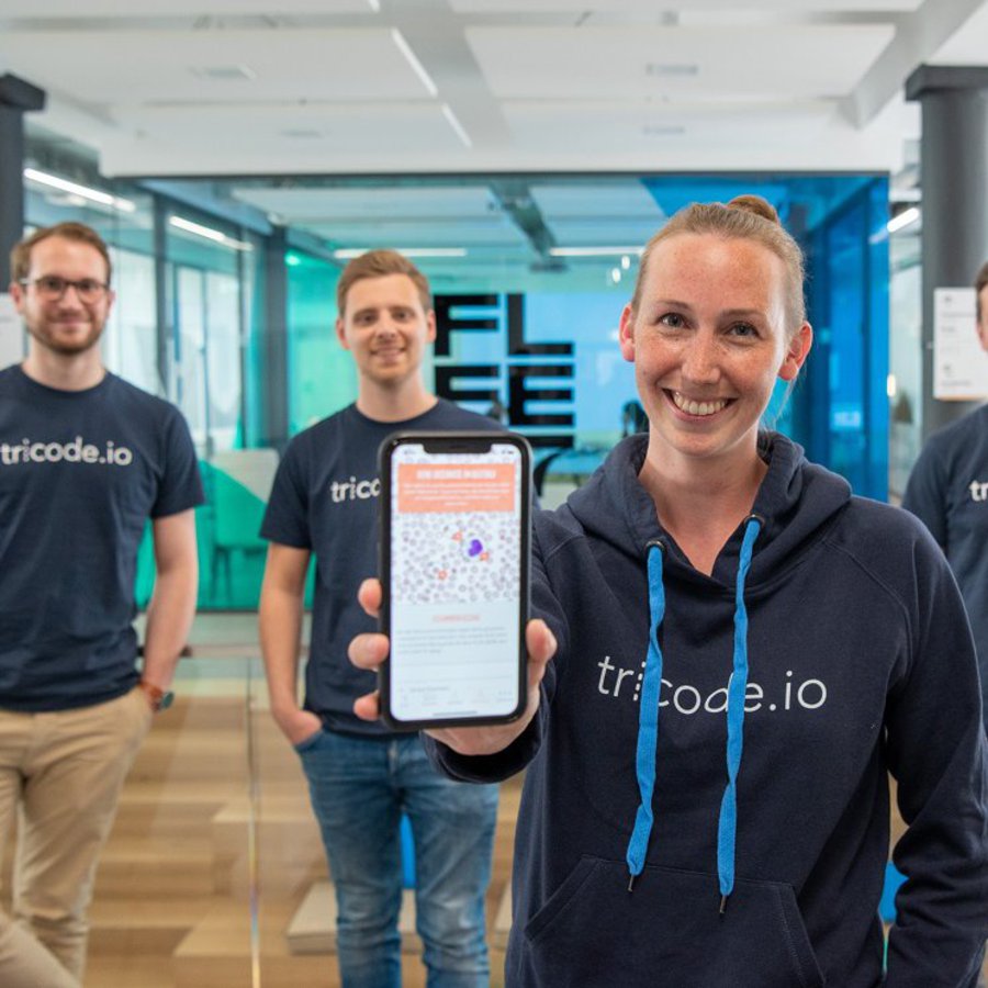 Die Mitglieder vom Start-up Tricode im Coworkungspace Fleet 7 in Kel, von links Jonas Reinhardt, Nikita Segal, Kathrin Boersch und Benno Lauther 