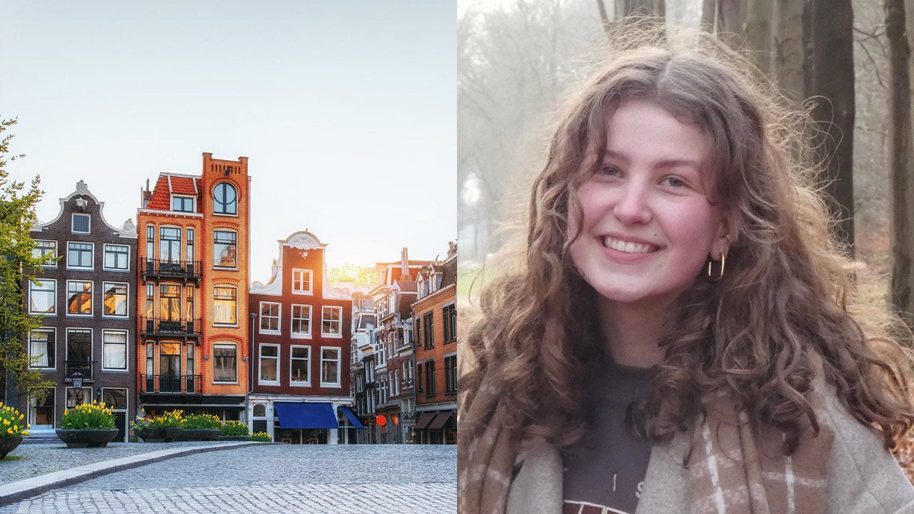 Geteiltes Bild: Links Häuser in einer Stadt, rechts das Portrait einer jungen Frau