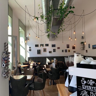 Café mit vielen hängenden Lampen und Pflanzen in Graz