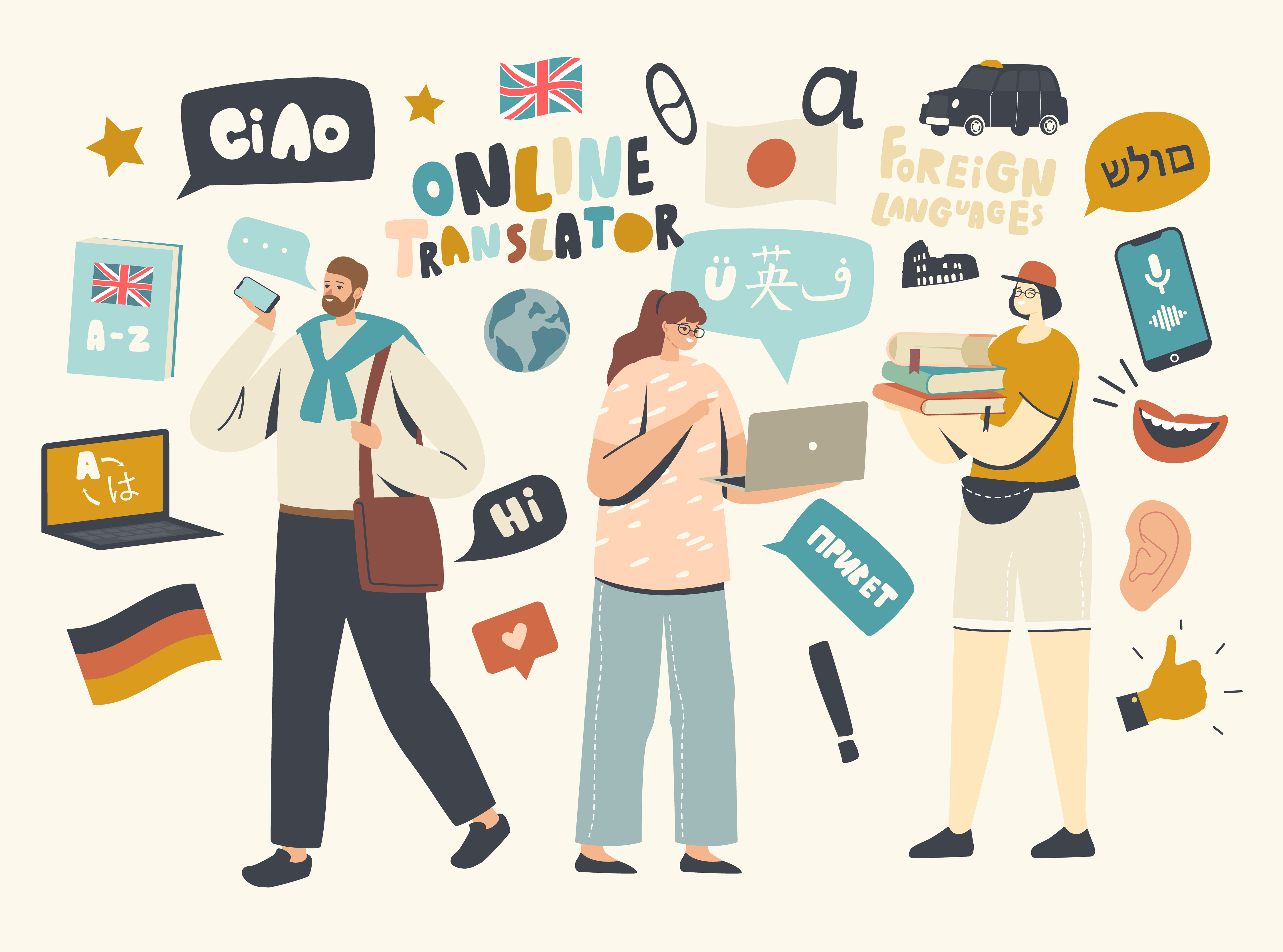 eine Grafik mit Figuren und Zeichen zum Thema Sprachenlernen