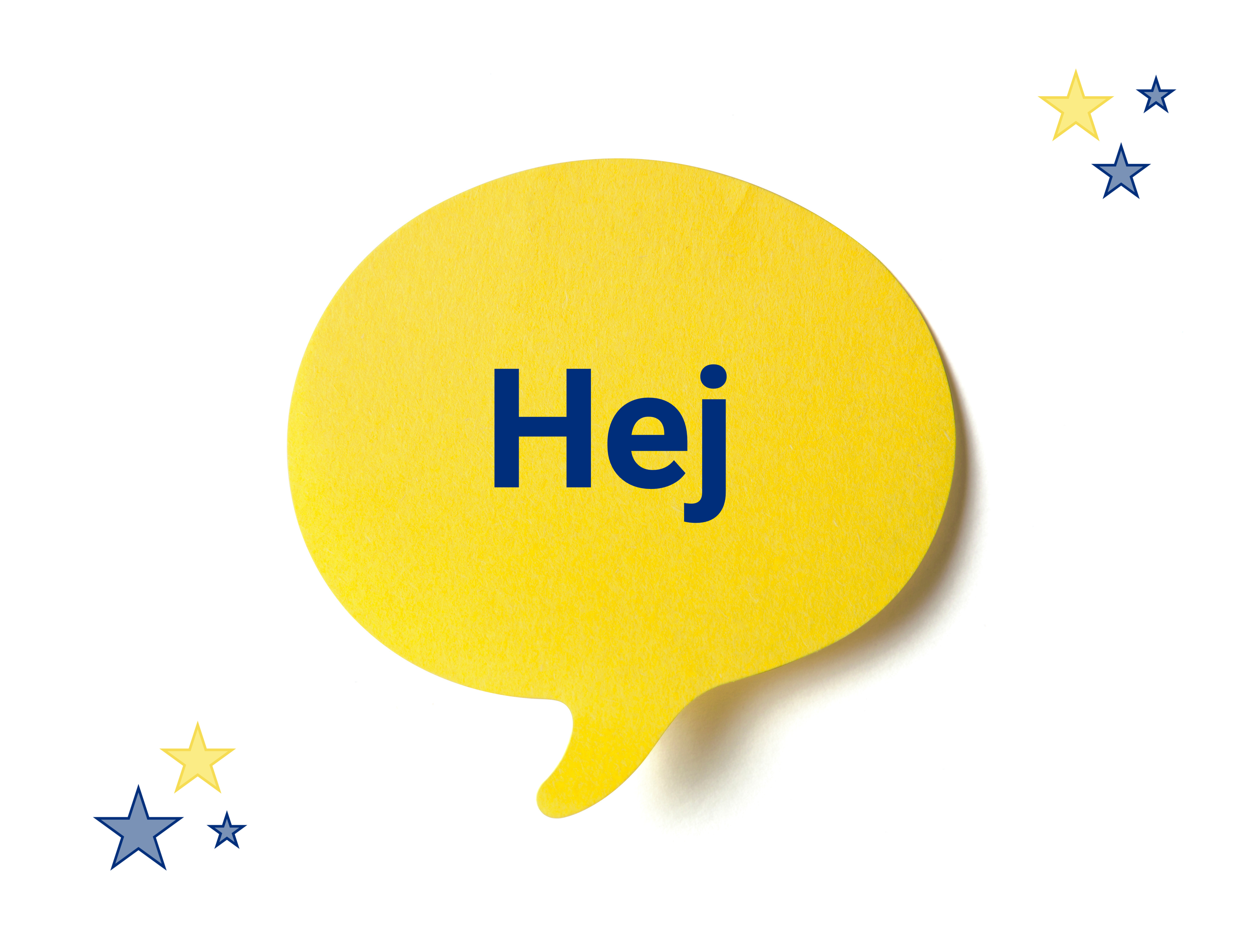eine gelbe Sprechblase mit dem Wort Hej darin, drumherum Sterne