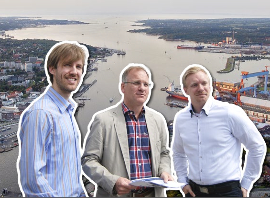 Die Grafik zeigt drei in den Hintergrund des Kieler Ostufers eingesetzte Männer.