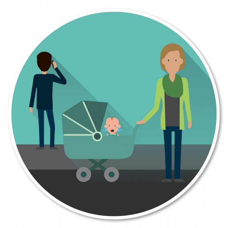 Die Grafik illustriert eine Frau mit Kinderwagen und einen Mann mit Mobiltelefon.