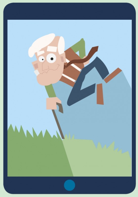 Die Grafik illustriert einen alten Mann, der sich, mit den Beinen in der Luft, auf einen Krückstock stützt.