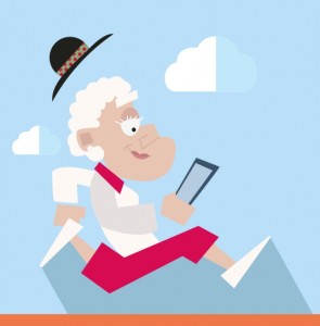 Die Grafik illustriert eine alte Frau beim Joggen, während sie ein Tablet in den Händen hält.