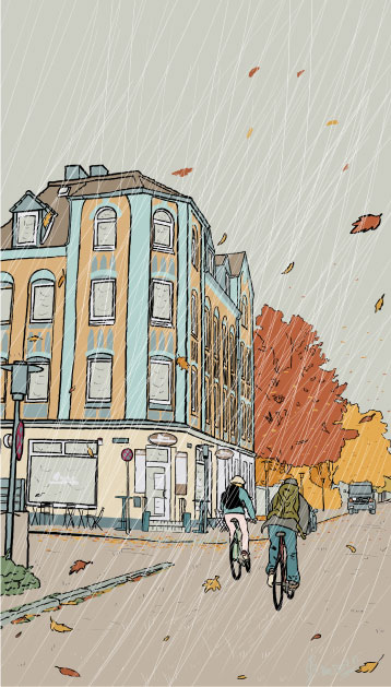 Die Illustration zeigt zwei Radfahrer, die durch einen Herbststurm an Wohnhäusern vorbei fahren.