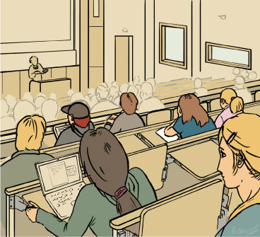 Die Illustration zeigt einen gut gefüllten Hörsaal.