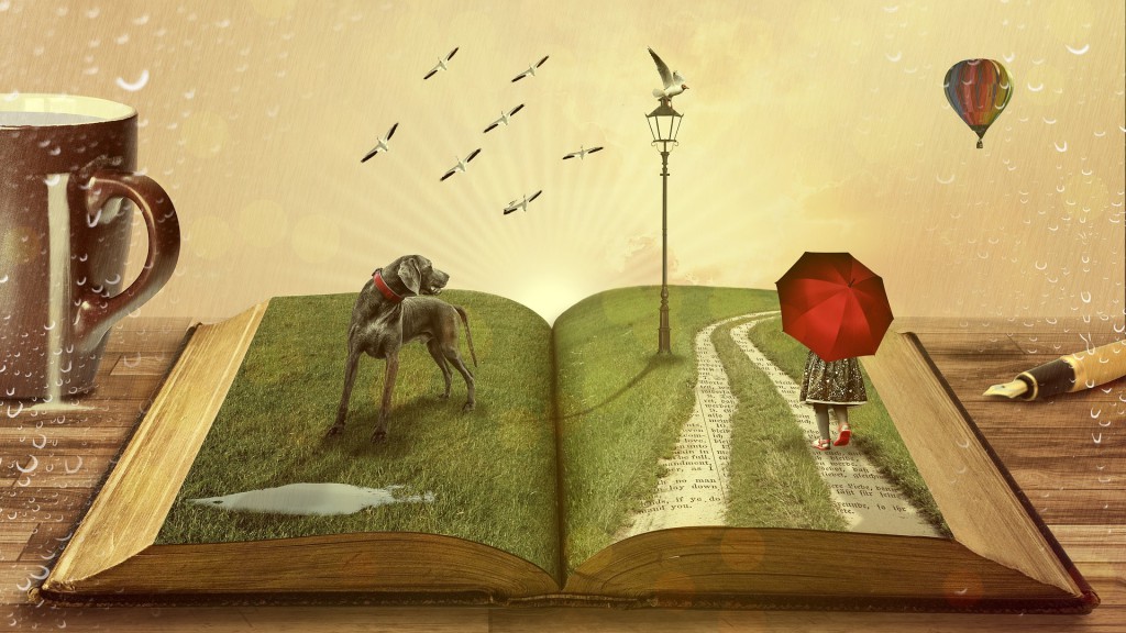 Die Grafik zeigt ein aufgeschlagenes Buch, auf dem Gras wächst, ein Hund steht und eine FRau mit rotem Regenschirm spazieren geht.