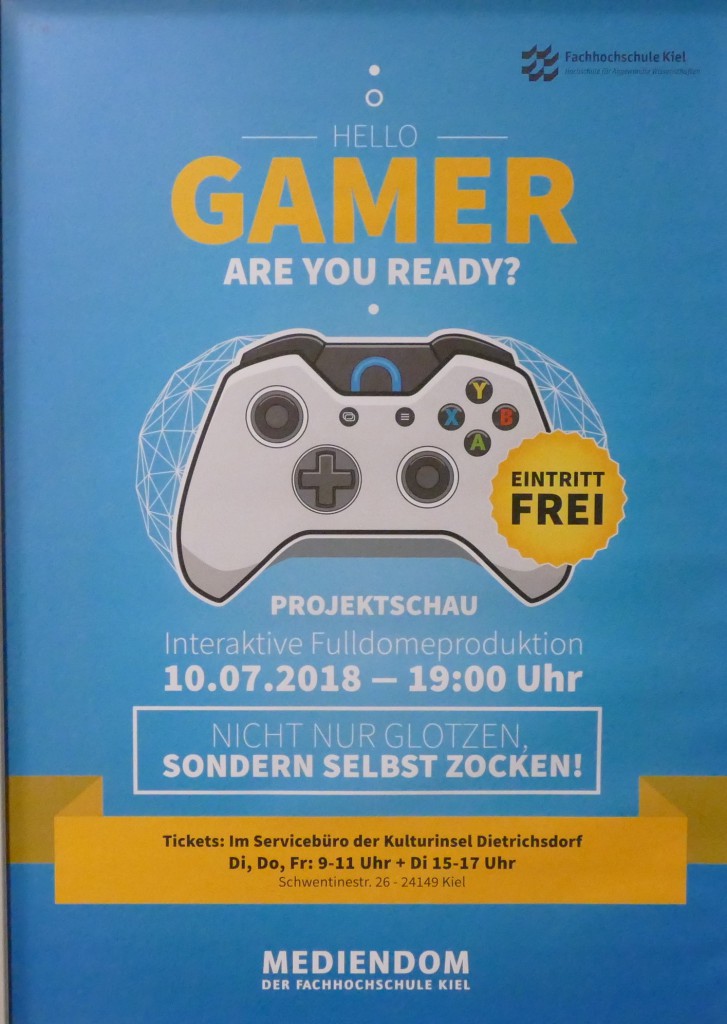 Das blaue Plakat zeigt einen Controller und den Schriftzug "HELLO GAMER ARE YOU READY?".