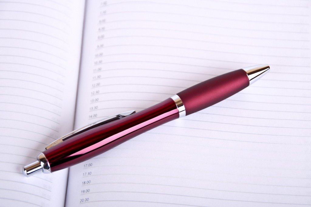 Ein rot glänzender Kugelschreiber liegt auf einem geöffneten Notizbuch.