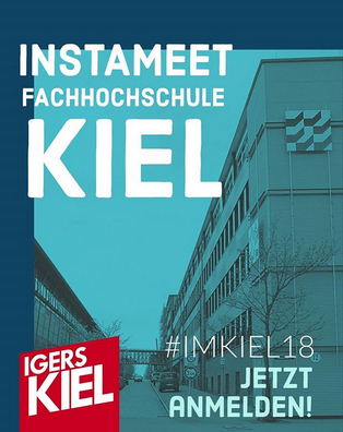 Ein in Türkis und blau gehaltenes Plakat zum Instameet der Fachhochschule Kiel.